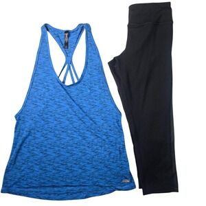 EXP‎ Core Activewear Set Women Medium Blue Black Strappy Tank Capri Leggings Gym